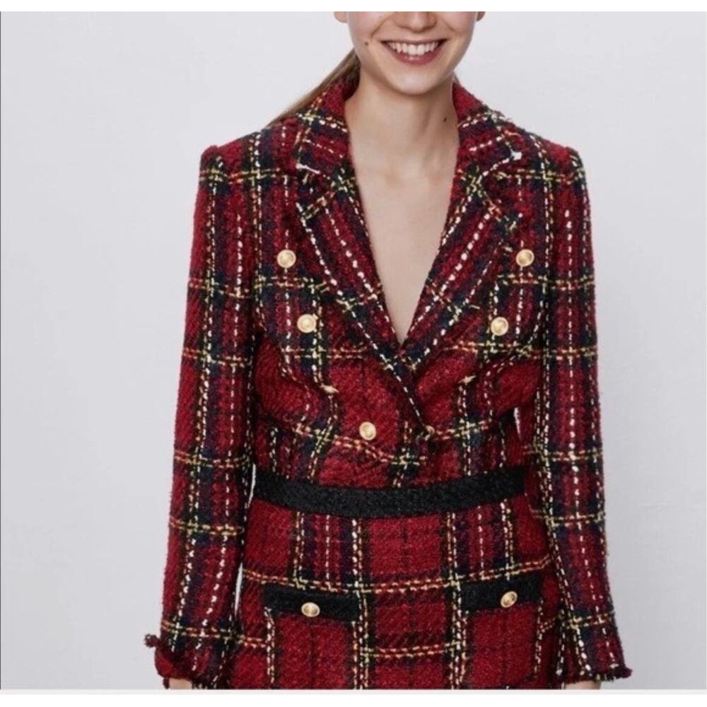 Zara Double Breasted Checkered Blazer Red